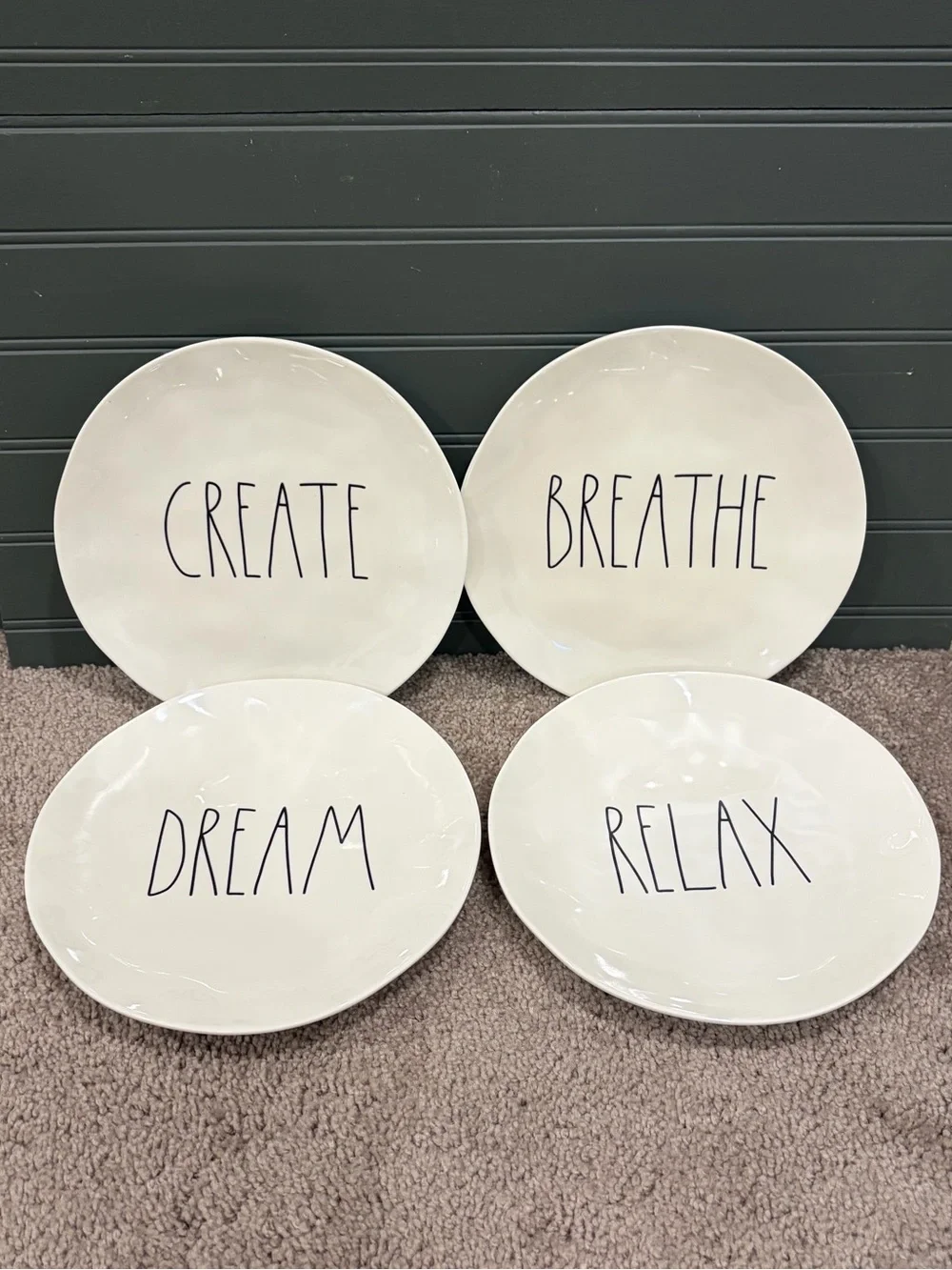 Rae Dunn Style White Melamine Dinner Plates - Create, Breathe, Dream, Relax